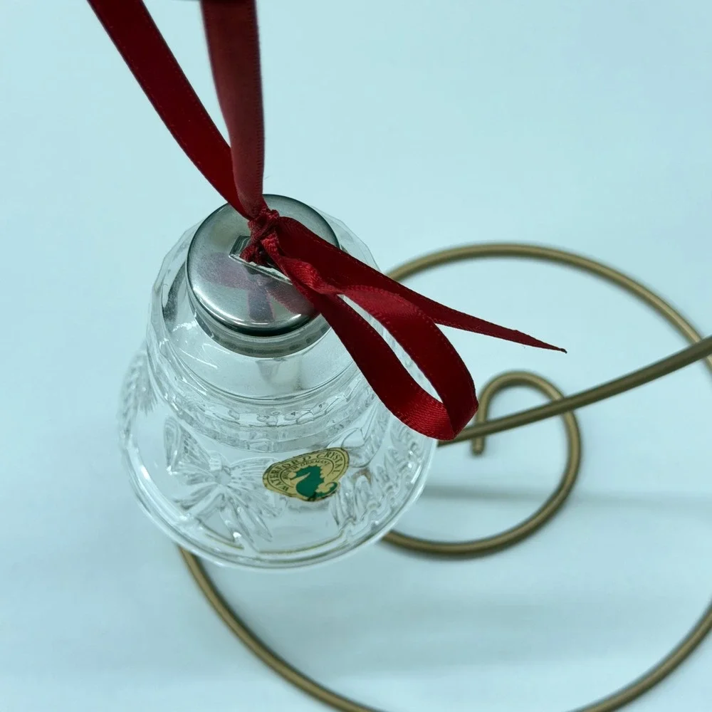 Vtg Waterford Crystal Angel Bell Christmas Ornament with Gold Tone Display Stand